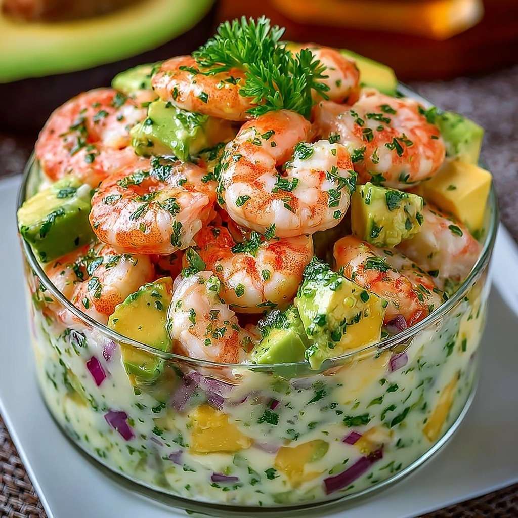 Creamy shrimp and avocado salad served in a bowl with pink shrimp, diced green avocado, fresh herbs, and a smooth herb dressing, garnished with parsley and lemon slices.