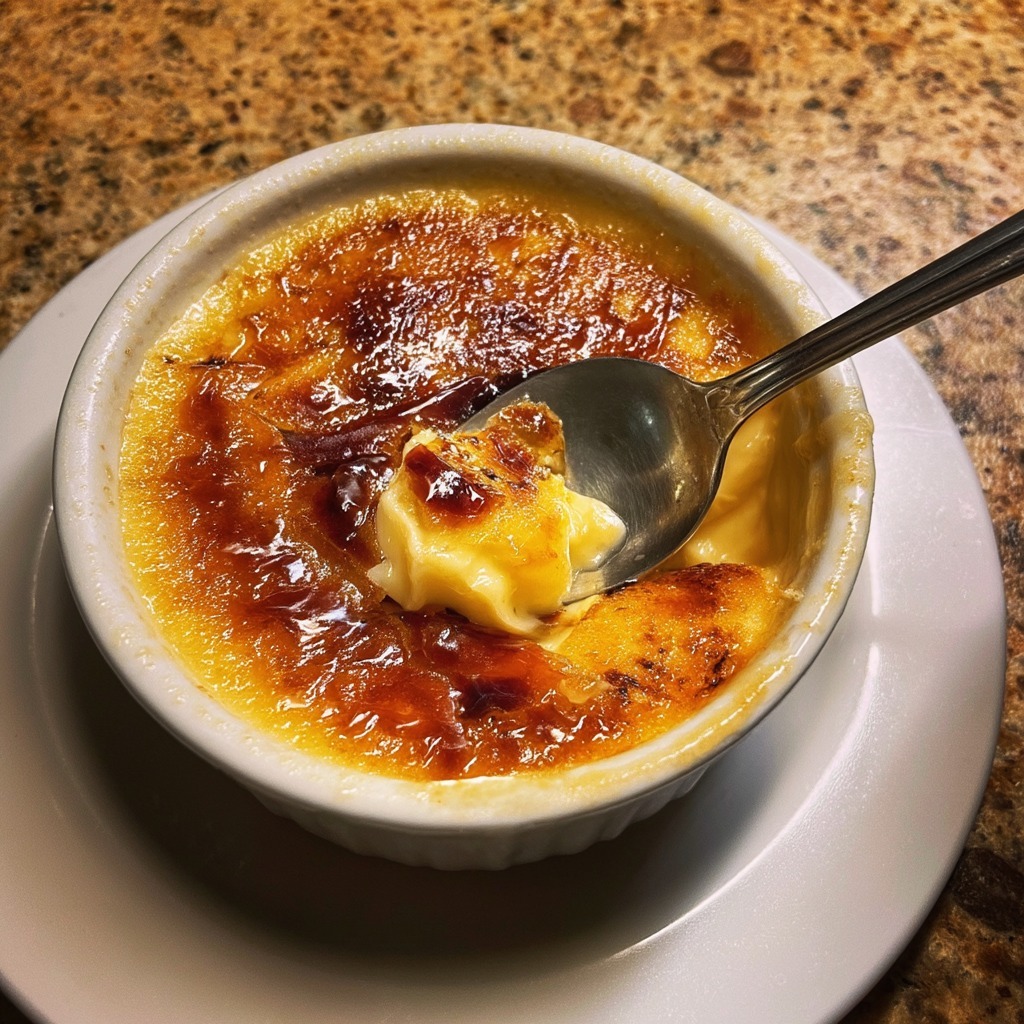 Classic vanilla crème brûlée in ceramic ramekins with a smooth creamy custard and a golden caramelized sugar crust, slightly cracked on top, served with a spoon.