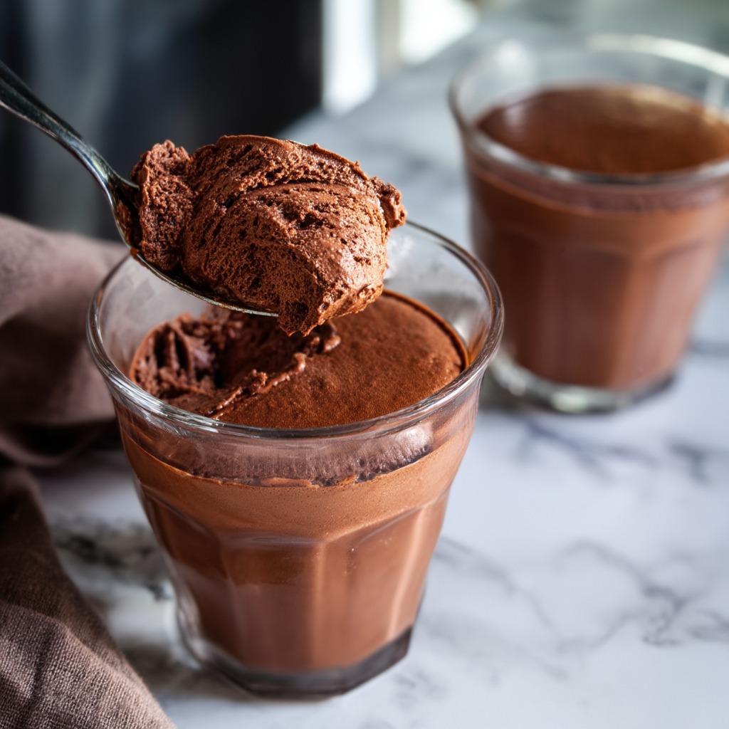 Traditional chocolate mousse served in glass cups with a smooth, airy texture, topped with chocolate shavings and a slightly glossy surface, placed on a dark elegant background.