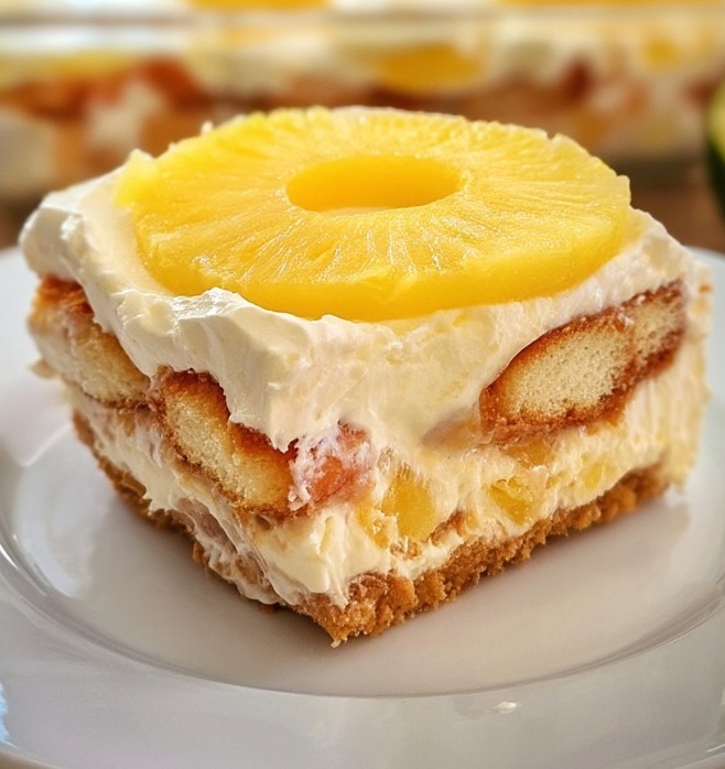 No-bake pineapple mascarpone dessert served in a glass dish with layers of juice-soaked cookies, smooth mascarpone cream, pineapple chunks, and a pineapple slice on top.