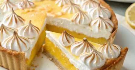 Homemade lemon meringue pie with a golden shortcrust base, smooth bright yellow lemon filling, and tall swirls of lightly toasted meringue on top, served on a dessert plate with fresh lemon slices nearby.