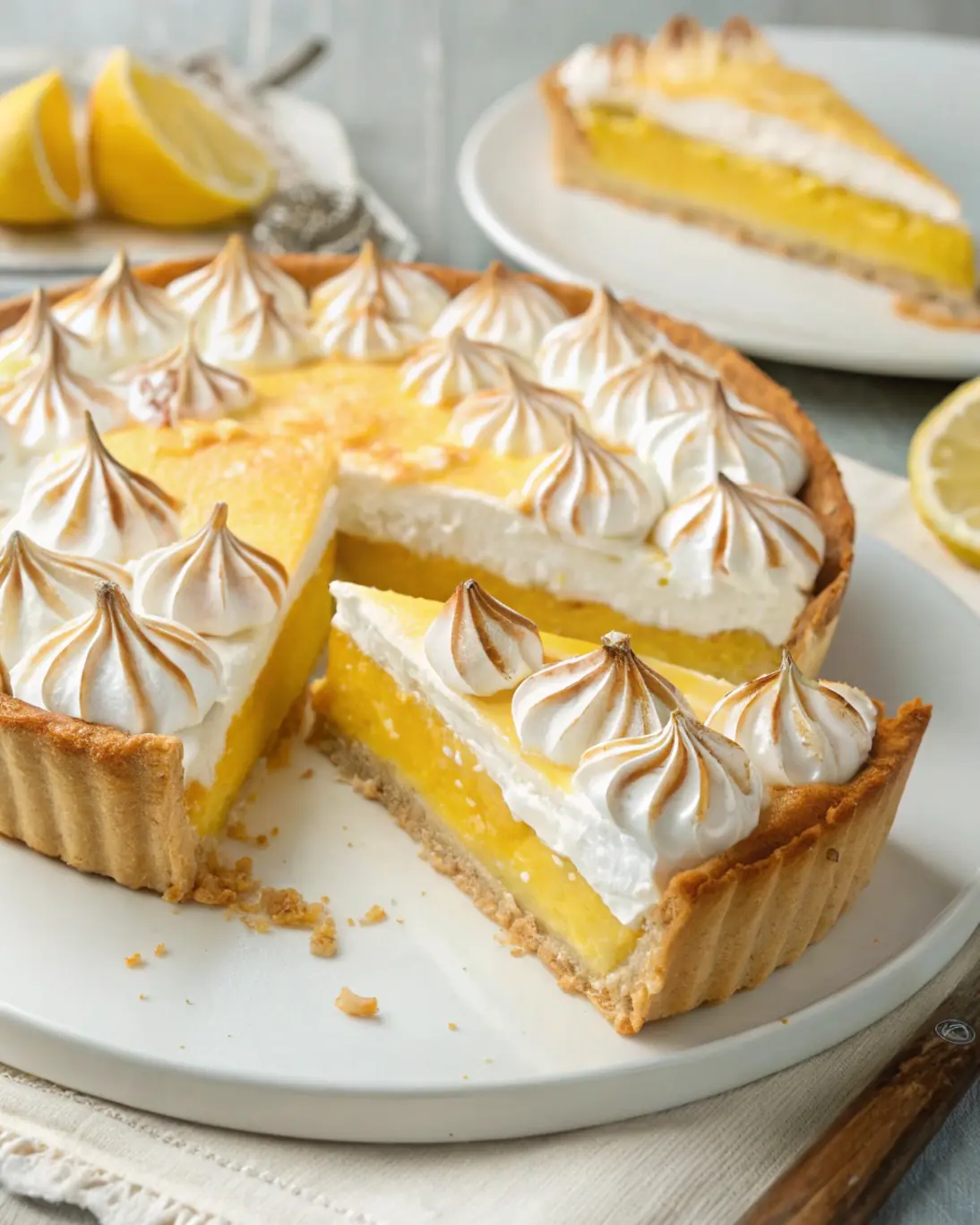 Homemade lemon meringue pie with a golden shortcrust base, smooth bright yellow lemon filling, and tall swirls of lightly toasted meringue on top, served on a dessert plate with fresh lemon slices nearby.