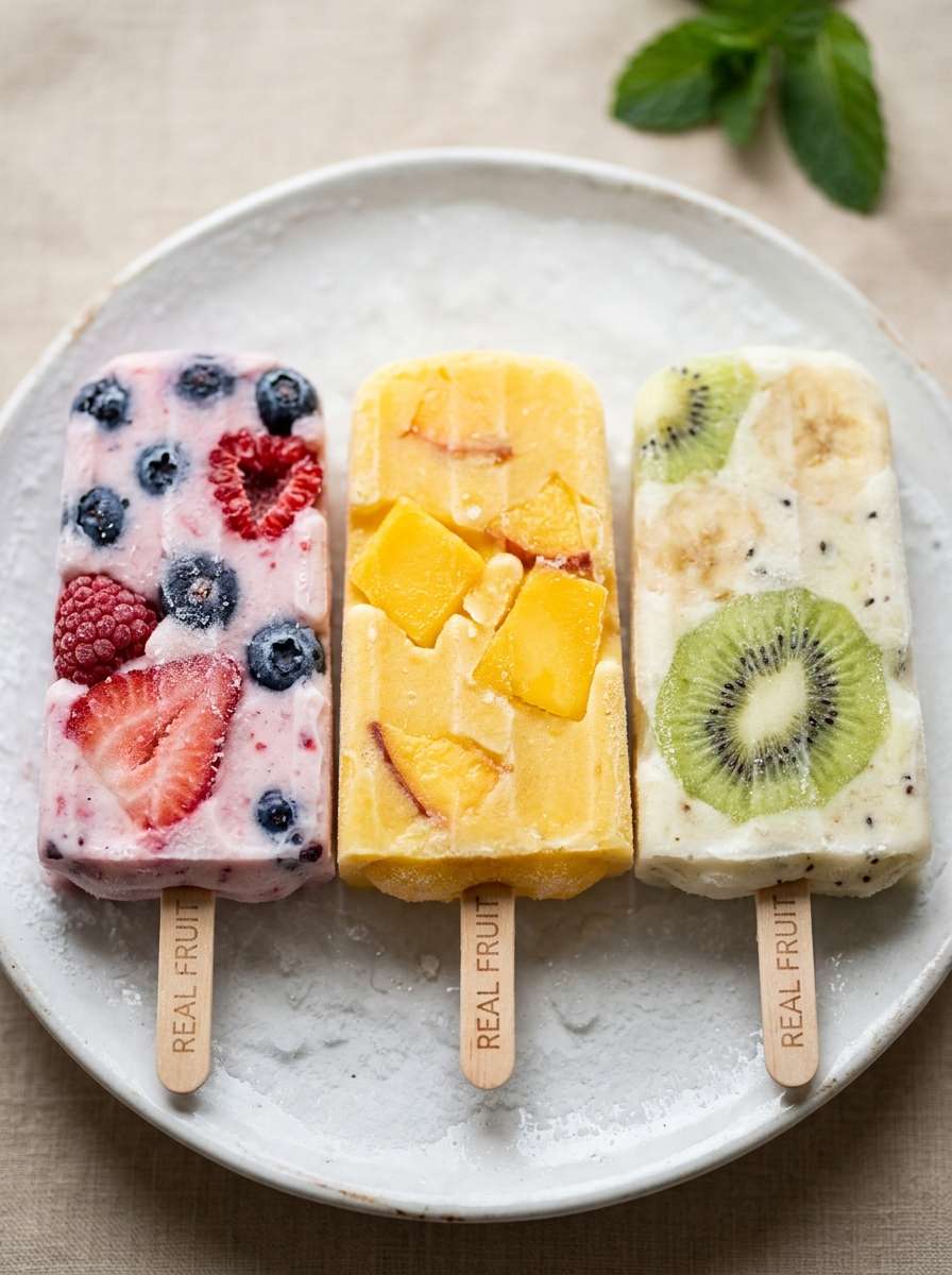 Yogurt fruit popsicles recipe with colorful frozen yogurt bars filled with fresh fruit pieces on a clean background