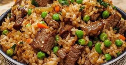 Beef fried rice in a wok with tender beef strips, fluffy rice grains, peas, carrots, and green onions, lightly coated in soy sauce and garnished fresh.