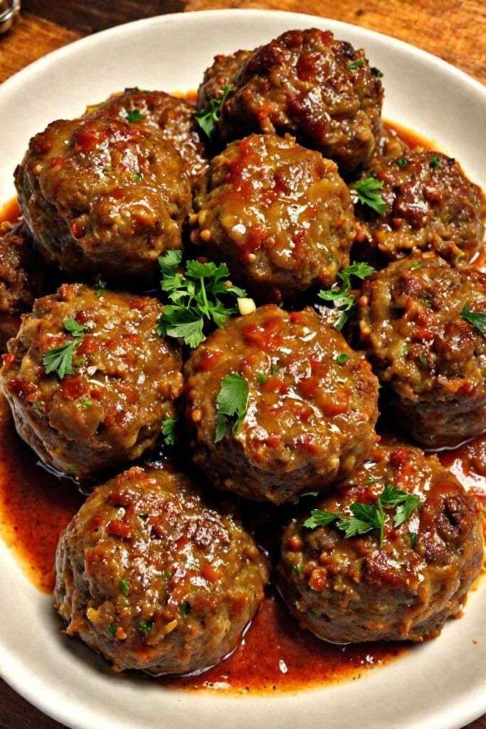 Tender beef meatballs in a rich tomato-based savory sauce, garnished with fresh parsley and served hot with a glossy, flavorful coating.