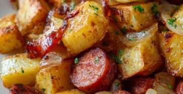 Roasted potatoes with sliced smoked sausage and onions served golden and crispy with garlic, paprika, herbs, and fresh parsley.