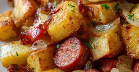Roasted potatoes with sliced smoked sausage and onions served golden and crispy with garlic, paprika, herbs, and fresh parsley.