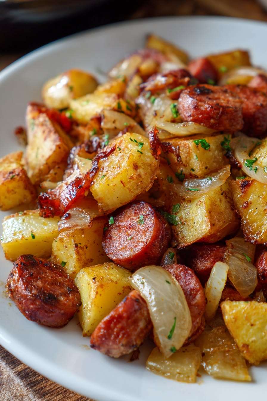 Roasted potatoes with sliced smoked sausage and onions served golden and crispy with garlic, paprika, herbs, and fresh parsley.