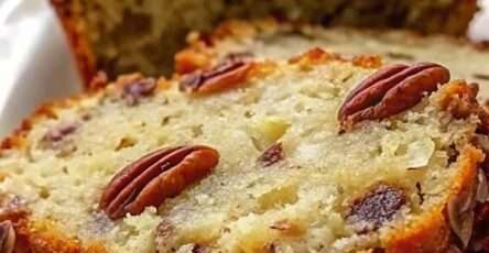 Moist pecan banana bread sliced on a plate with pecan halves on top, soft banana crumb, chopped pecans, and optional chocolate chips inside.