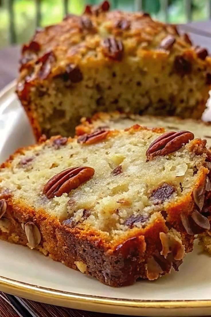 Moist pecan banana bread sliced on a plate with crunchy pecans on top, soft banana crumb, and optional chocolate chips inside.