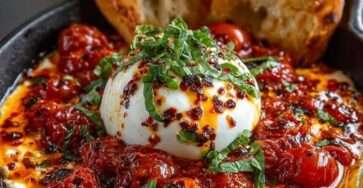 Spicy roasted tomato burrata dip served with blistered cherry tomatoes, creamy burrata, chili oil, fresh basil, and toasted garlic bread.