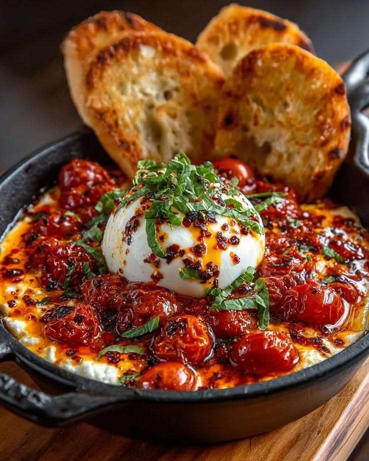 Spicy roasted tomato burrata dip served with blistered cherry tomatoes, creamy burrata, chili oil, fresh basil, and toasted garlic bread.