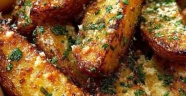 Crispy garlic parmesan potato wedges served hot with fresh parsley, extra parmesan, and a creamy dipping sauce on the side.