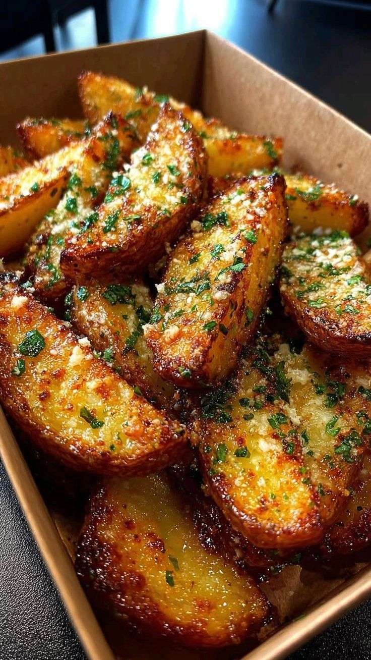 Crispy garlic parmesan potato wedges served hot with fresh parsley, extra parmesan, and a creamy dipping sauce on the side.