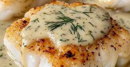 Pan-seared cod fillets served with creamy dill sauce, lemon wedges, fresh dill, black pepper, and roasted potatoes on the side.