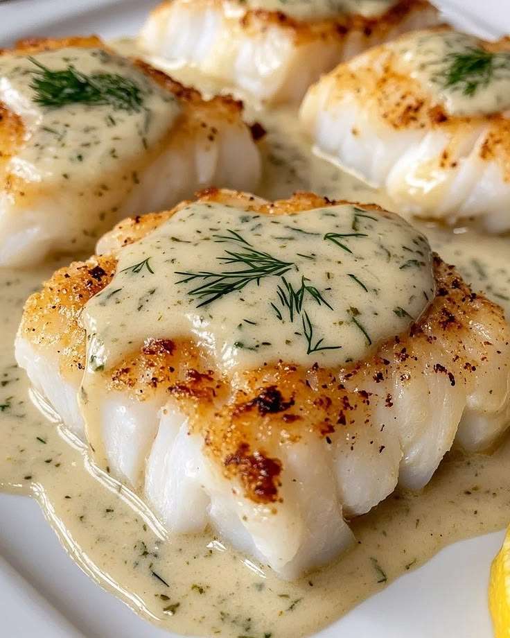 Pan-seared cod fillets served with creamy dill sauce, lemon wedges, fresh dill, black pepper, and roasted potatoes on the side.