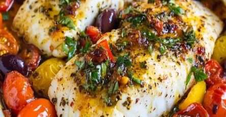 Mediterranean baked cod fillets with cherry tomatoes, olives, garlic, lemon, parsley, basil, and olive oil served in a baking dish.