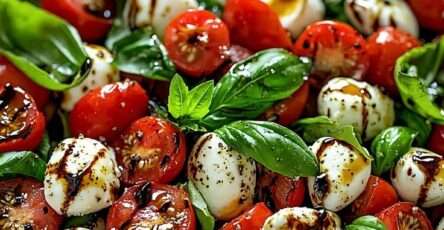 Fresh Caprese salad served in a bowl with halved cherry tomatoes, creamy mini mozzarella balls, bright basil leaves, olive oil, and balsamic glaze.