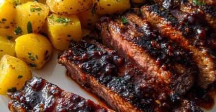 Sticky garlic steak slices served with golden herb potatoes, glossy honey garlic sauce, fresh parsley, and crispy potato edges.