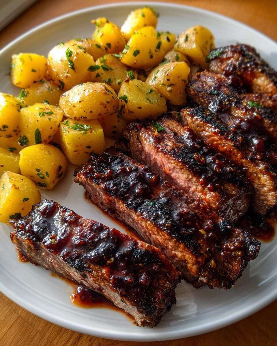 Sticky garlic steak slices served with golden herb potatoes, glossy honey garlic sauce, fresh parsley, and crispy potato edges.