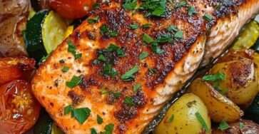 Garlic herb salmon fillets baked over roasted baby potatoes, zucchini, cherry tomatoes, lemon, garlic, parsley, and herbs.