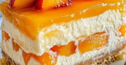 No-bake peach cream cheesecake with a buttery biscuit crust, creamy peach filling, glossy peach topping, peach slices, and mint leaves.