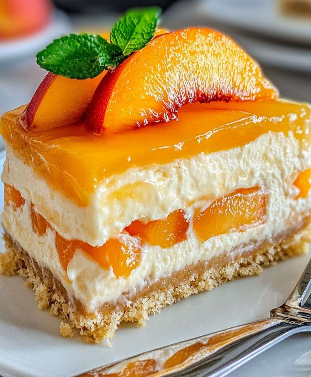 No-bake peach cream cheesecake with a buttery biscuit crust, creamy peach filling, glossy peach topping, peach slices, and mint leaves.