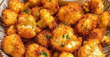 Golden crispy breaded cauliflower bites served hot with a creamy yogurt dipping sauce, fresh parsley, and lemon on the side.
