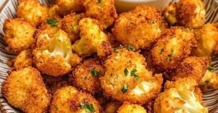 Golden crispy breaded cauliflower bites served hot with a creamy yogurt dipping sauce, fresh parsley, and lemon on the side.