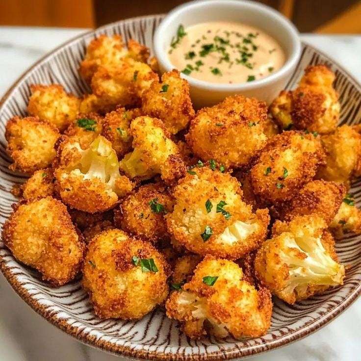 Golden crispy breaded cauliflower bites served hot with a creamy yogurt dipping sauce, fresh parsley, and lemon on the side.