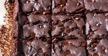 Fudgy chocolate chip brownies sliced into squares with a shiny crackly top, melted chocolate chips, and a rich soft chocolate center.