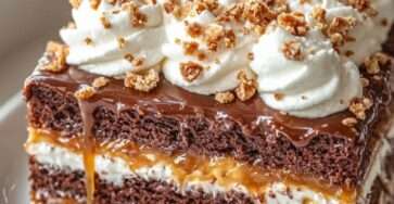 Chocolate caramel layer cake with three chocolate sponge layers, mascarpone cream filling, caramel drizzle, glossy ganache, and whipped cream decoration.