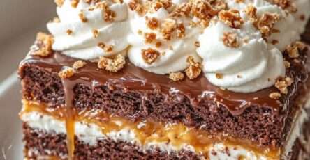 Chocolate caramel layer cake with three chocolate sponge layers, mascarpone cream filling, caramel drizzle, glossy ganache, and whipped cream decoration.