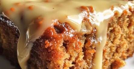Moist carrot cake topped with cream cheese glaze, chopped nuts, grated carrots, and a soft spiced crumb served on a plate.