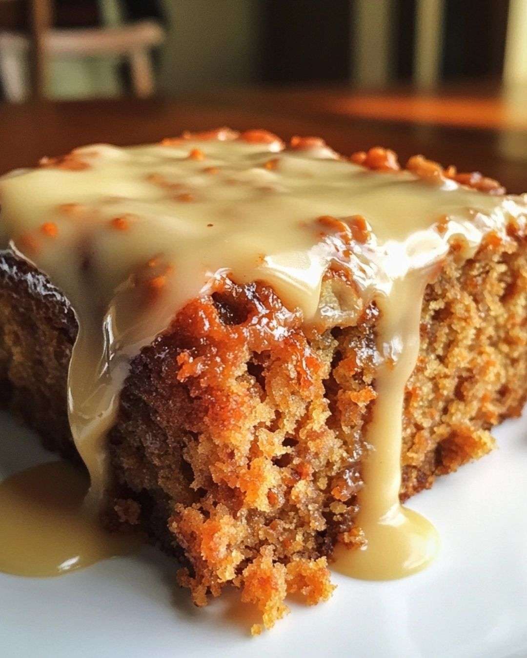 Moist carrot cake topped with cream cheese glaze, chopped nuts, grated carrots, and a soft spiced crumb served on a plate.