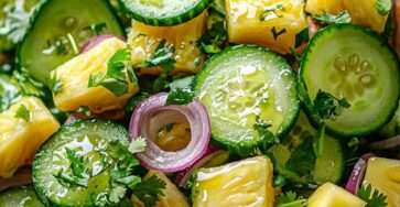 Pineapple cucumber salad with juicy pineapple cubes, thin cucumber slices, red onion, cilantro, lime dressing, chili flakes, and fresh herbs.