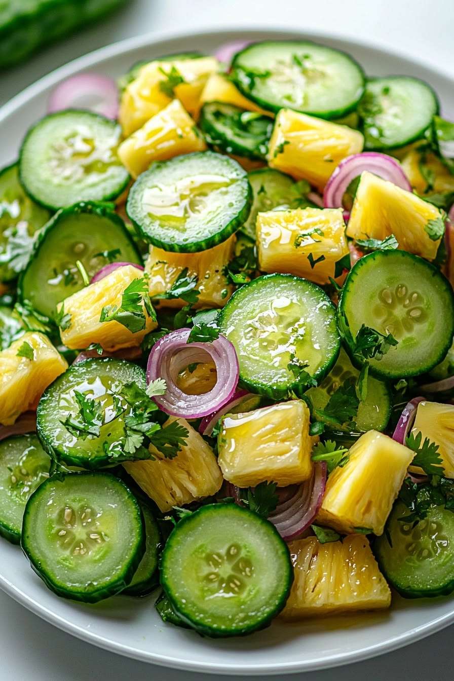 Pineapple cucumber salad with juicy pineapple cubes, thin cucumber slices, red onion, cilantro, lime dressing, chili flakes, and fresh herbs.