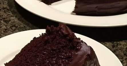 Ultra-moist chocolate cake covered with glossy chocolate ganache, sliced on a plate with a soft rich crumb and shiny topping.