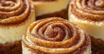 Mini cinnamon roll cheesecakes with a cinnamon swirl, buttery biscuit crust, creamy cheesecake filling, and caramel drizzle on top.