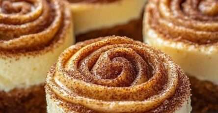 Mini cinnamon roll cheesecakes with a cinnamon swirl, buttery biscuit crust, creamy cheesecake filling, and caramel drizzle on top.