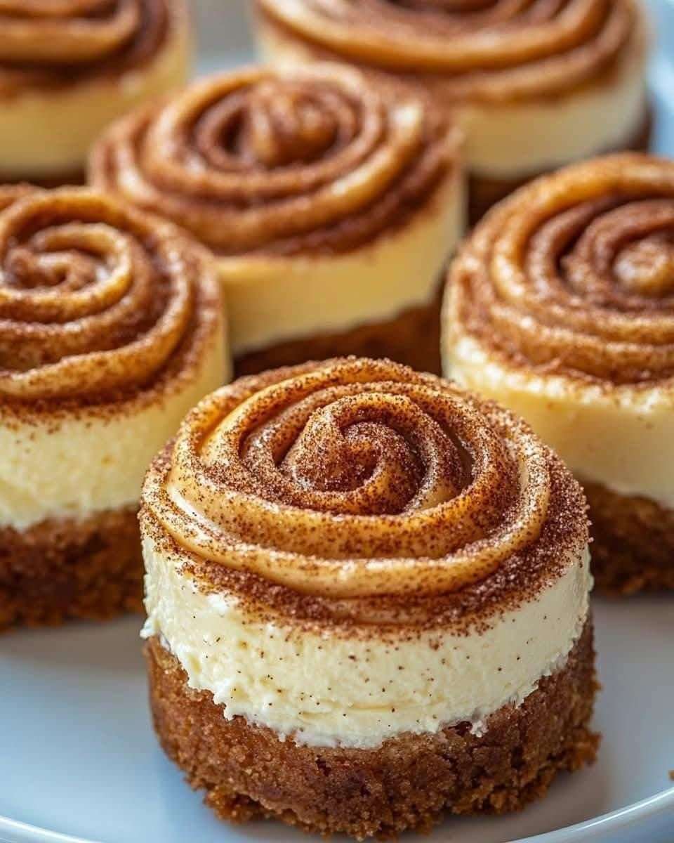 Mini cinnamon roll cheesecakes with a cinnamon swirl, buttery biscuit crust, creamy cheesecake filling, and caramel drizzle on top.