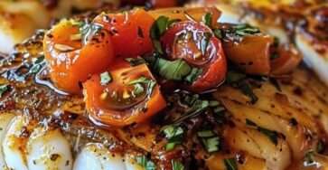 Pan-seared cod fillets served with tomato basil garlic sauce, cherry tomatoes, fresh basil, parsley, lemon, and black pepper.