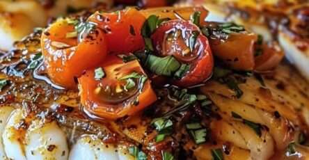 Pan-seared cod fillets served with tomato basil garlic sauce, cherry tomatoes, fresh basil, parsley, lemon, and black pepper.
