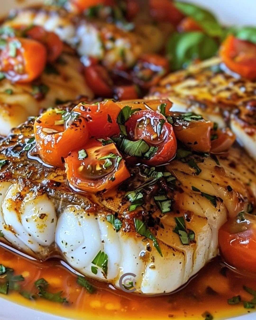 Pan-seared cod fillets served with tomato basil garlic sauce, cherry tomatoes, fresh basil, parsley, lemon, and black pepper.