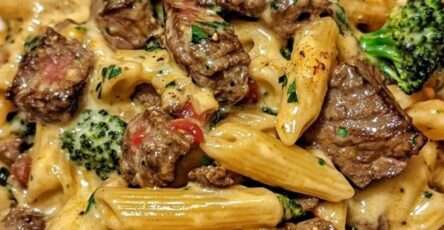 Creamy steak and broccoli penne pasta served with tender steak bites, cheddar parmesan sauce, fresh parsley, and extra cheese.