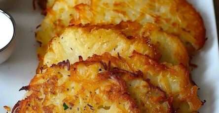 Golden crispy potato pancakes served warm with sour cream, fresh parsley, and sweet chili sauce on a rustic plate.