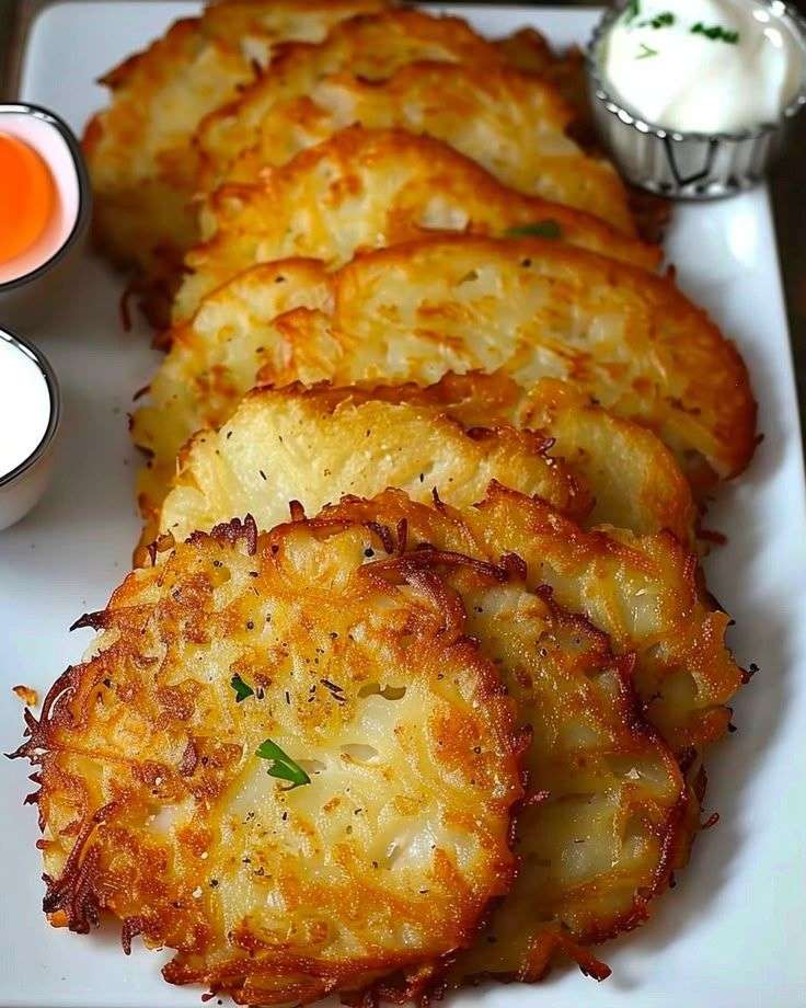 Golden crispy potato pancakes served warm with sour cream, fresh parsley, and sweet chili sauce on a rustic plate.