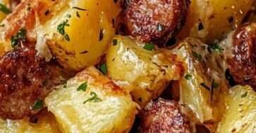 A top-down view of a baking sheet filled with golden roasted potato cubes and sliced smoked sausage, covered in bubbling melted cheese and garnished with parsley.