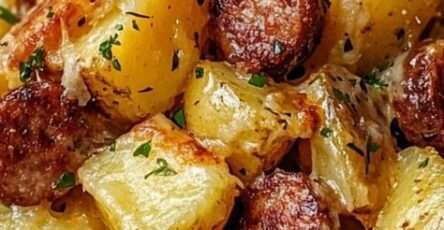 A top-down view of a baking sheet filled with golden roasted potato cubes and sliced smoked sausage, covered in bubbling melted cheese and garnished with parsley.