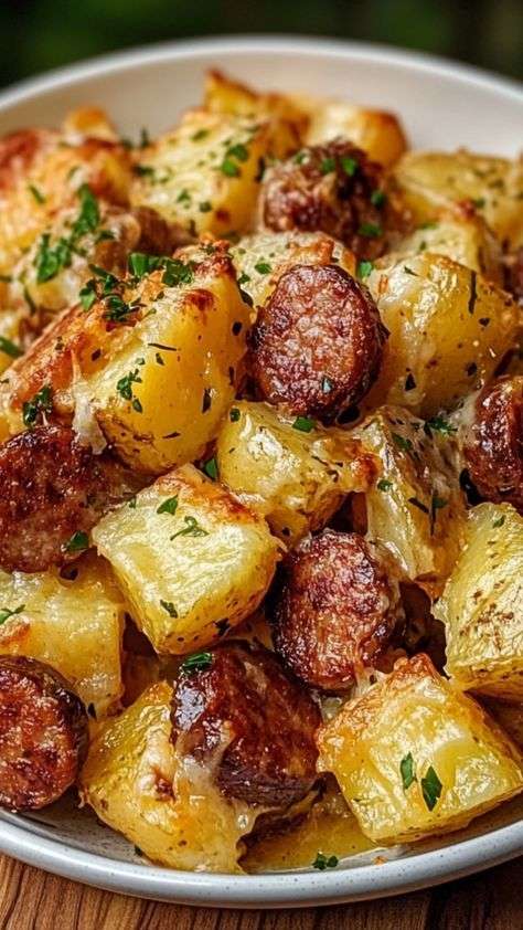 A top-down view of a baking sheet filled with golden roasted potato cubes and sliced smoked sausage, covered in bubbling melted cheese and garnished with parsley.